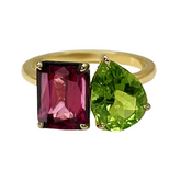 Moi et Toi Ring – 2.35ct Pear-Shaped Green Peridot & 3.34ct Emerald-Cut Deep Rubellite